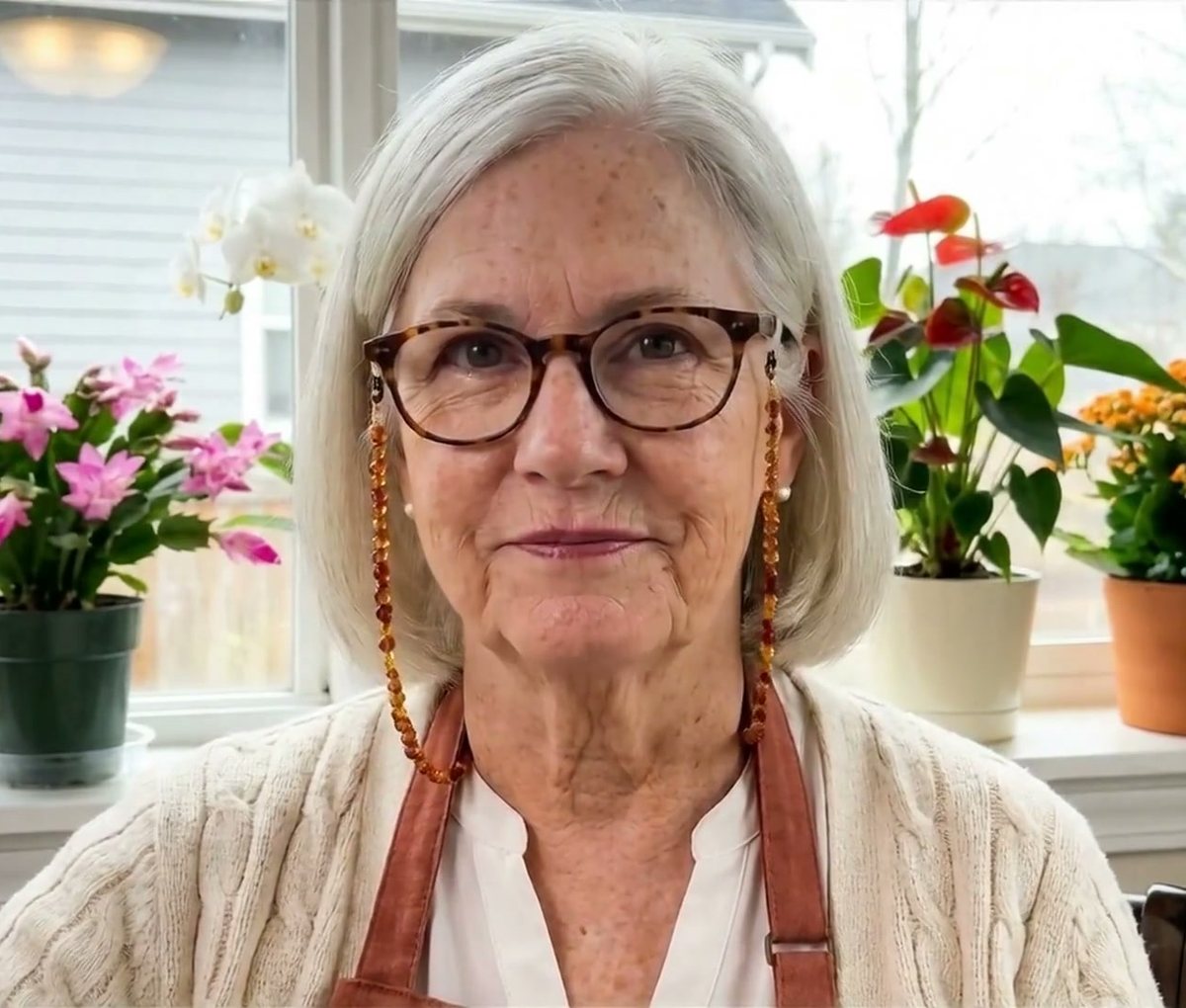 Rosie Whitcomb at her windowsill with a blooming Christmas cactus, orchid, anthurium and kalanchoe